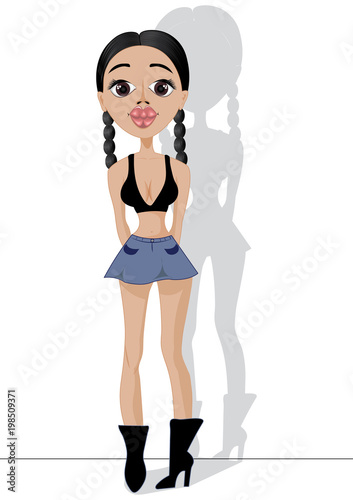 A girl in short skirt and short shirt