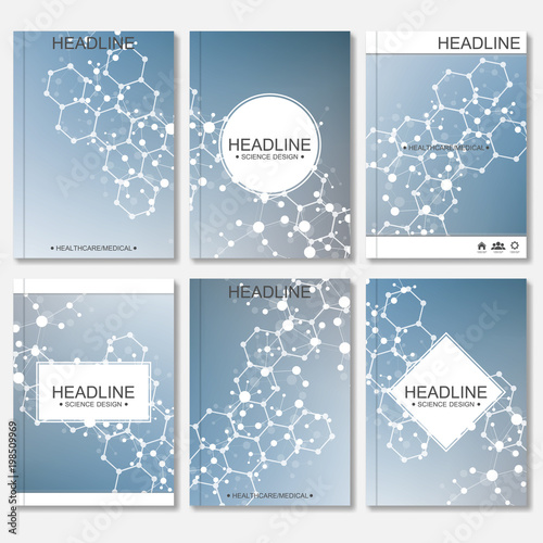 Scientific brochure design template. Vector flyer layout  Molecular structure with connected lines and dots. Scientific pattern atom DNA with elements for magazine  leaflet  cover  poster design.
