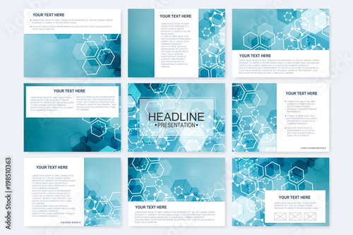 Big set of vector templates for presentation slides. Modern graphic background structure molecule and communication. Scientific pattern atom DNA. Medical, science, chemistry design.