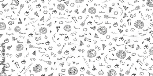 Pizza Pattern. Pizza Background in Doodle Style. Vector illustration