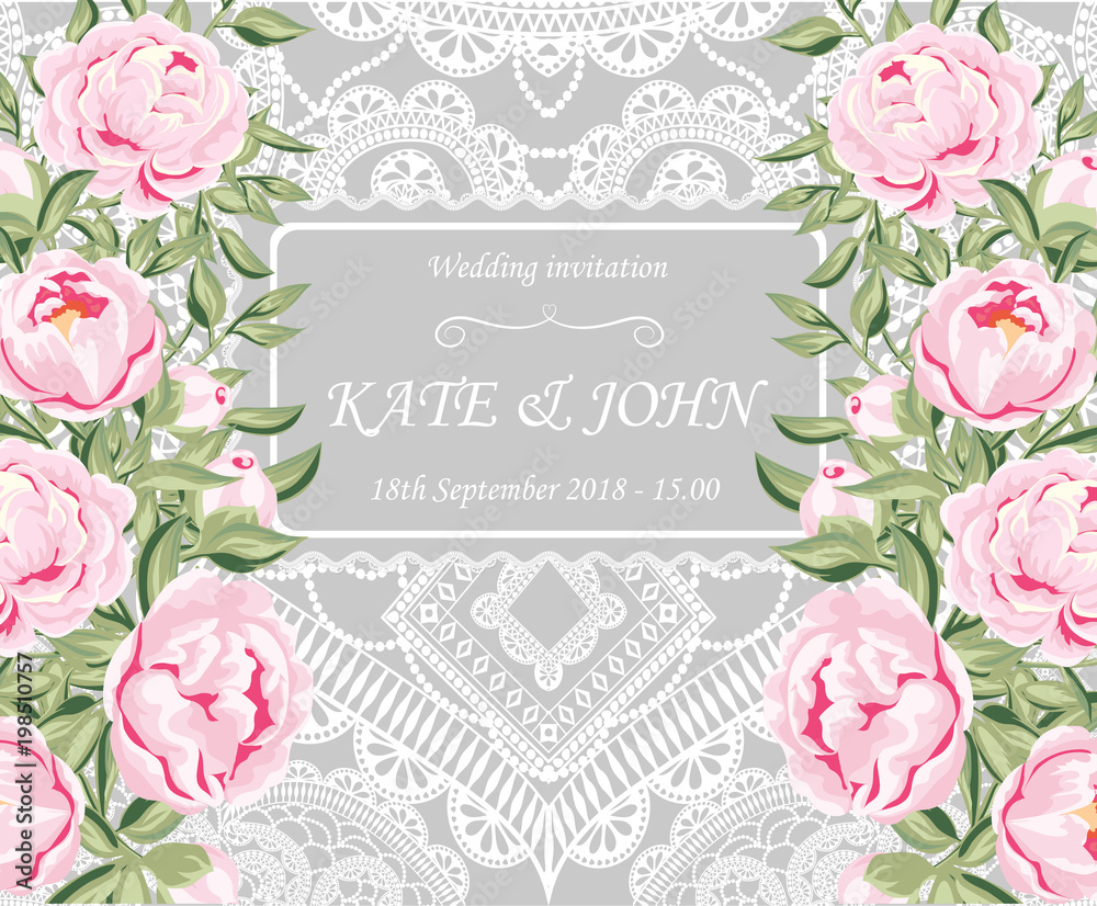 wedding invitation with peonies and lace