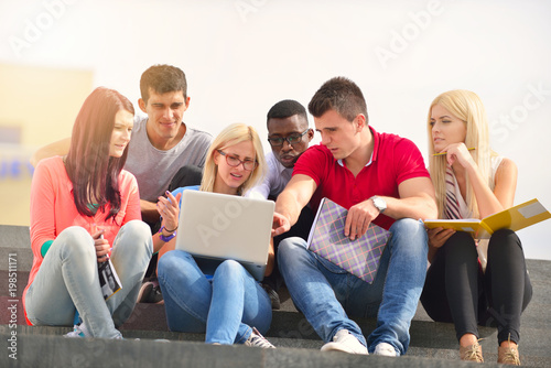 Shot of a group of smiling university students looking at something on a laptop