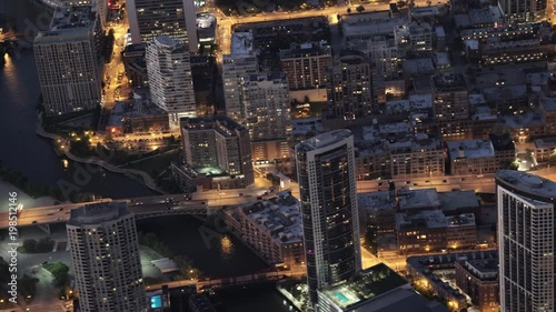 Chicago aerial view moving over Kinzie Street featuring The Mart, Marina City and ending on Trump Tower photo