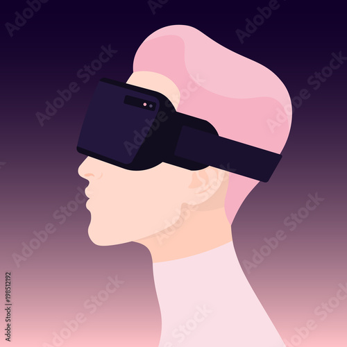 Vr world. Man profile. Virtual reality glasses. Amazed face. Vector illustration