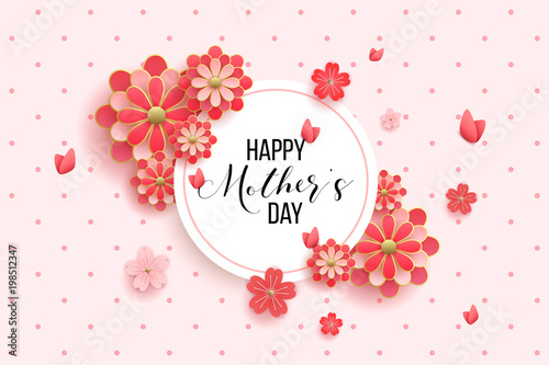 Happy mother's day layout design with roses, lettering, ribbon, frame, dotted background. Vector illustration. Best mom / mum ever cute feminine design for menu, flyer, card, invitation.