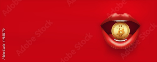 Horizontal Banner of Bitcoin cryptocurrency. Woman red lips with Bitcoin. Party Invitation and poster. Vector Illustration.