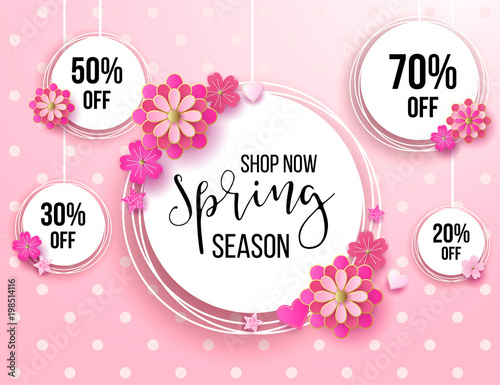 Spring season sale offer, banner template. Pink ribbon with lettering and flower, isolated on pink background. Feminine sale tag. Shop market poster design. Vector illustration. Elegant luxury design. photo