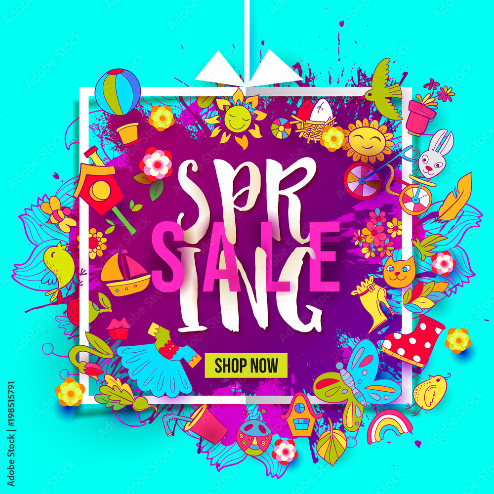 Hand drawn splash and Doodle icons in Spring Sale banner. For banners, posters, flyers, cards, invitations. Vector illustration. Detailed design with season symbols on fresh blue background.