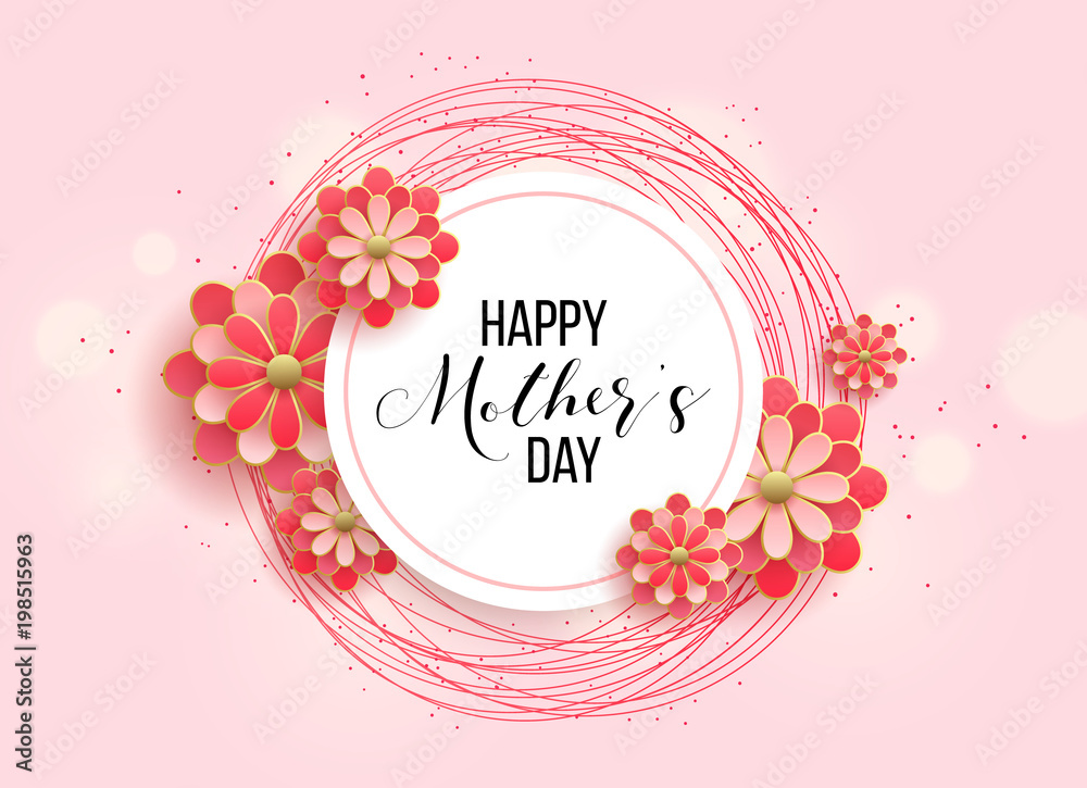 Happy mother's day layout design with roses, lettering, ribbon, frame, dotted background. Vector illustration. Best mom / mum ever cute feminine design for menu, flyer, card, invitation. - obrazy, fototapety, plakaty 