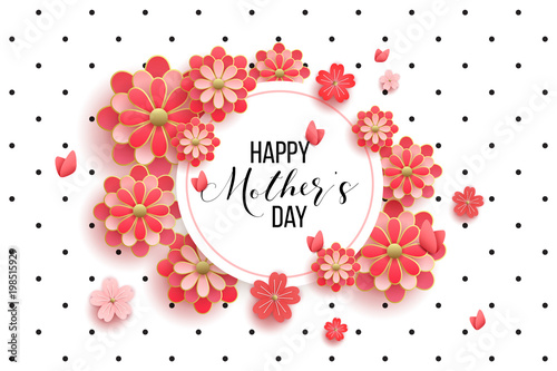 Happy mother's day layout design with roses, lettering, ribbon, frame, dotted background. Vector illustration. Best mom / mum ever cute feminine design for menu, flyer, card, invitation.