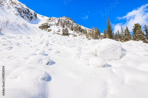 Winter landscape in valley near Morskie Oko lake, Tatra Mountains, Poland