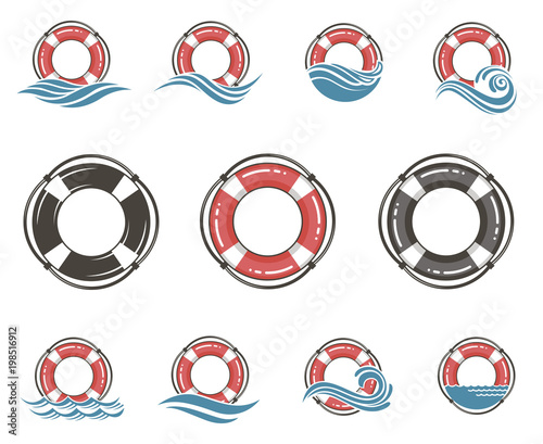 collection of lifebuoy symbol with sea waves