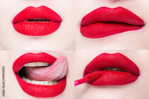 Red sexy lips close-up with different emotions. Set of lips. photo