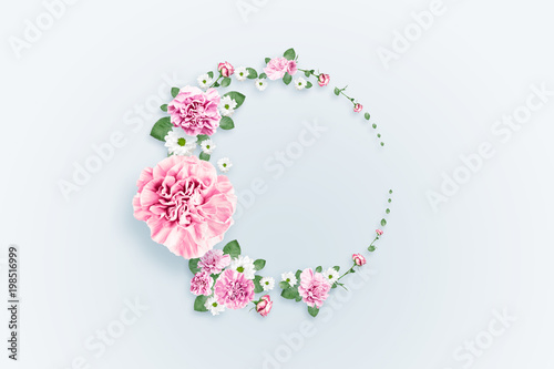 Pattern of pink and beige roses and green leaves on a white background. flat lay, top view, Mixed media. Spring background, Valentine's day, March 8