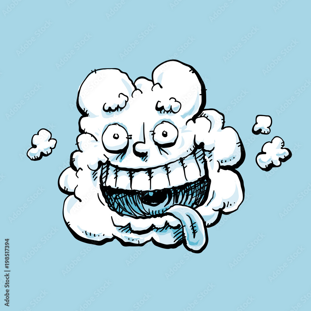 A cartoon of a fluffy, white cloud with a happy expression on its face with  a big, goofy smile and a tongue hanging out. Stock Vector | Adobe Stock