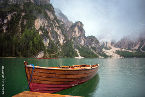 lake with boats in Italian mountain, Lago di Braies