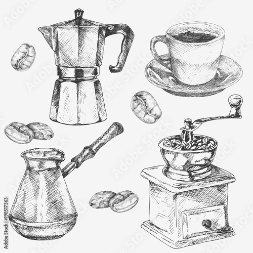Hand drawn coffee collection. Cup, coffee maker, coffee grain, coffee grinder