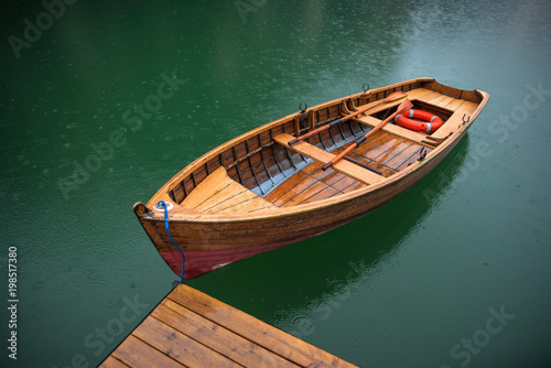 lake with boats in Italian mountain, Lago di Braies