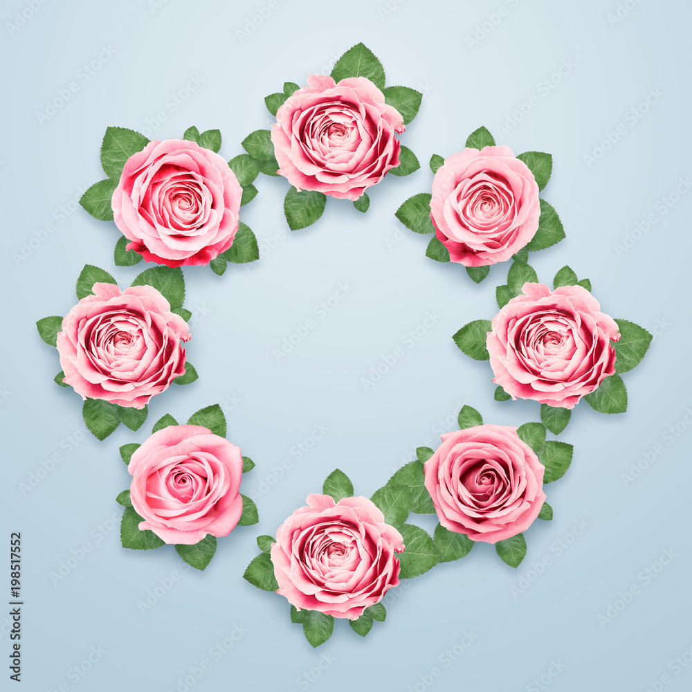 Pattern of pink and beige roses and green leaves on a white background. flat lay, top view, Mixed media. Spring background, Valentine's day, March 8