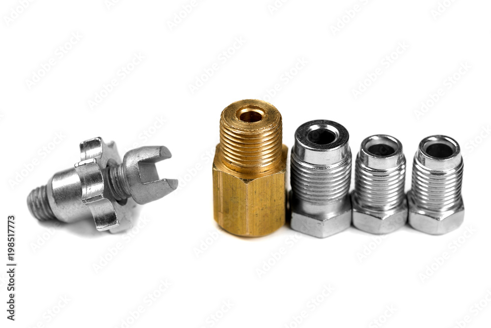 Brake nipple, thread close-up. Isolate on white Brake nipple, thread close-up. Isolate on white