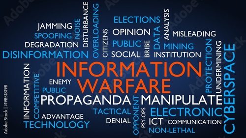 Information warfare word tag cloud. 3D rendering, blue variant.