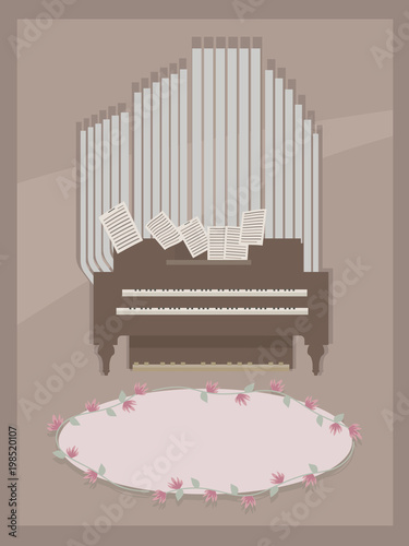 brown postcard with small room organ wooden brown and gray with two keyboards for hands, pages with notes and pink floral oval for inscriptions