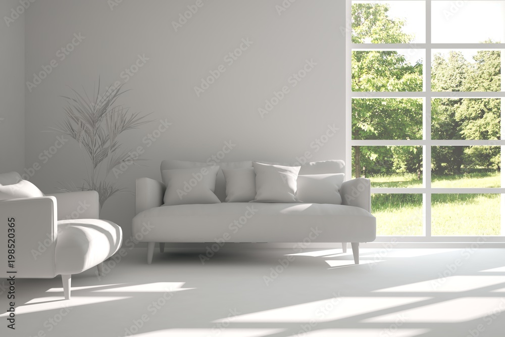 Fototapeta premium White room with sofa and green landscape in window. Scandinavian interior design. 3D illustration