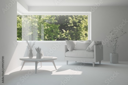 White room with armchair and green landscape in window. Scandinavian interior design. 3D illustration © AntonSh
