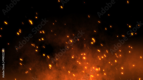 Burning red hot sparks fly away from large fire in the night sky. Beautiful abstract background on the theme of fire, light and life. Fiery orange glowing flying particles over black background in 4k