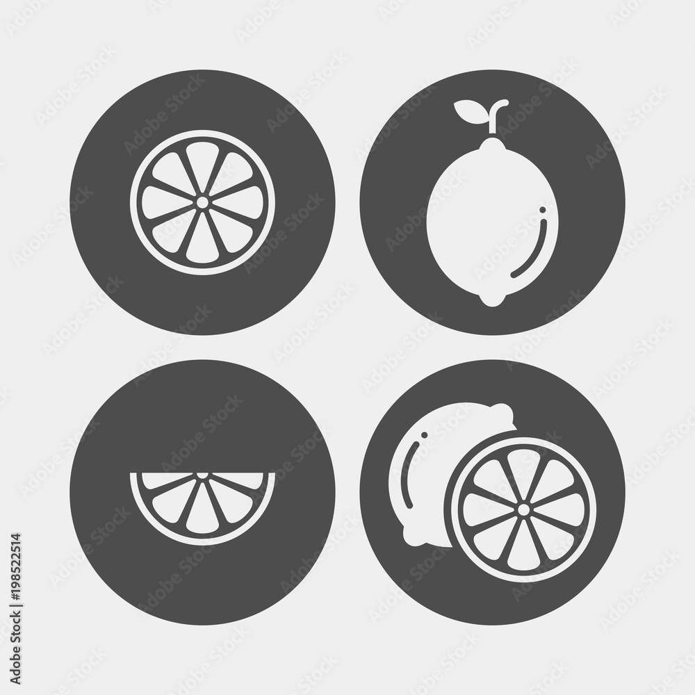 Lemon flat vector icons set. Citrus flat vector icons set