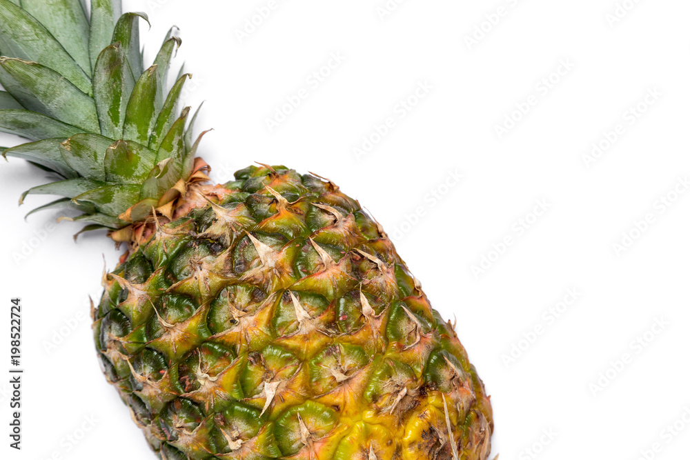 Fresh pineapple isolated on white background. Close-up of fresh pineapple. Pineapple in a section, top view. Flat lay. Fresh pineapple isolated on white background. Close-up of fresh pineapple. Pineapple in a section, top view. Flat lay.