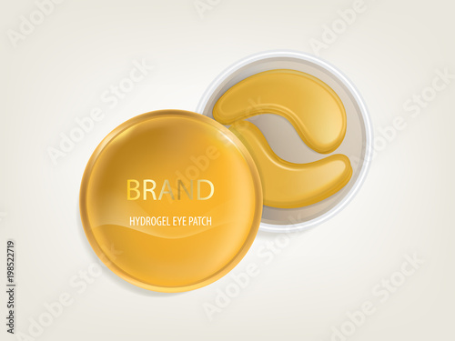 Vector realistic plastic round jar with set of patches for eyes, with gold and hydrogel isolated on background. Exclusive cosmetic product for skin care and treatment, mockup for packaging design