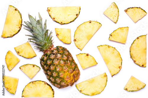 Fresh pineapple isolated on white background. Close-up of fresh pineapple. Pineapple in a section, top view. Flat lay.