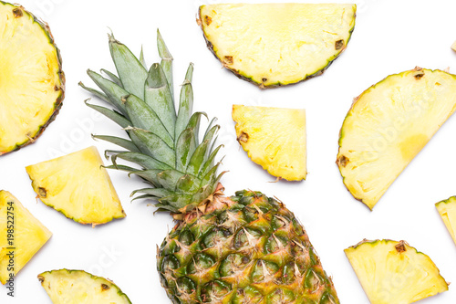 Fresh pineapple isolated on white background. Close-up of fresh pineapple. Pineapple in a section, top view. Flat lay.