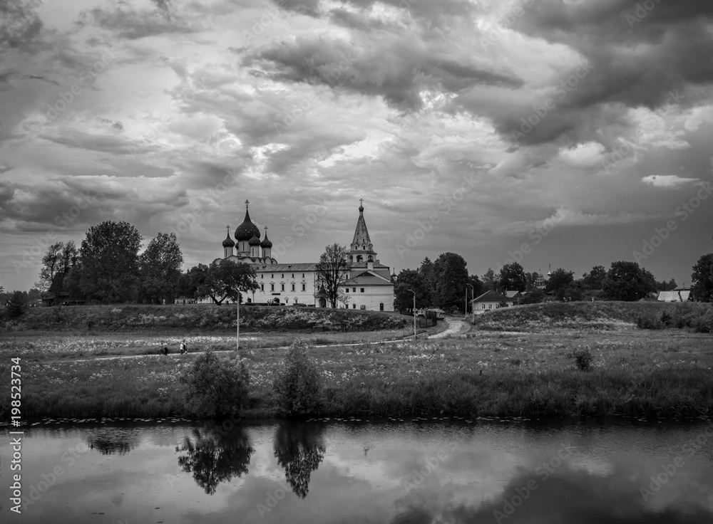 View of the Monastery. Rostov the Great. Russia. Black and white.