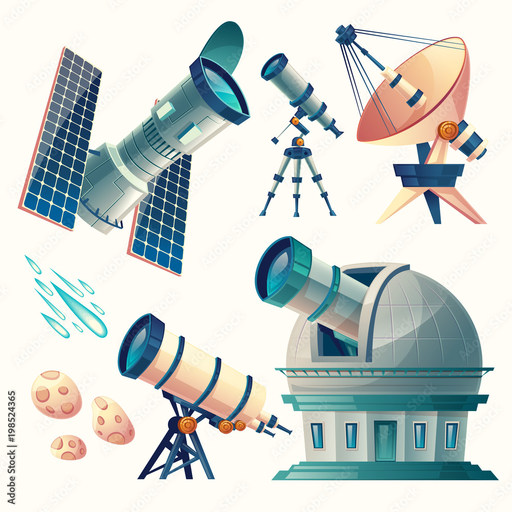 Vector cartoon astronomy set. Astronomical telescopes - radio, orbital.  Planetarium, observatory, satellite dish, antenna. Scientific equipment for  observation meteors, comets sky stars Stock Vector | Adobe Stock