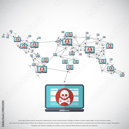 Network Vulnerability - Virus, Malware, Ransomware, Fraud, Spam, Phishing, Email Scam, Hacker Attack - IT Security Concept Design, Vector illustration