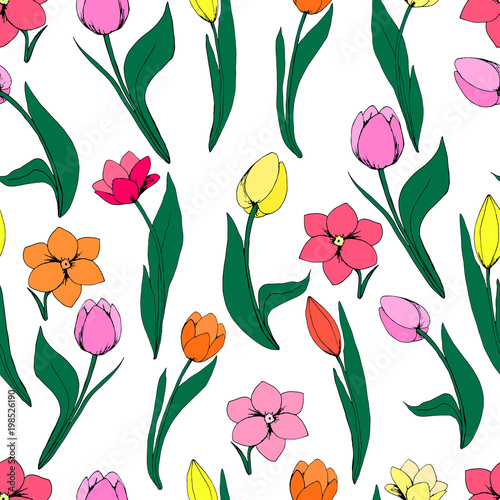 Seamless floral pattern with tulips on white background.