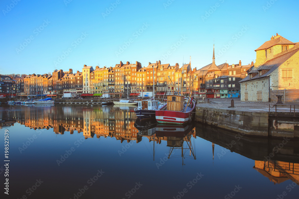 Waterfront of Honfleur harbor with colourful houses in Normandy, France