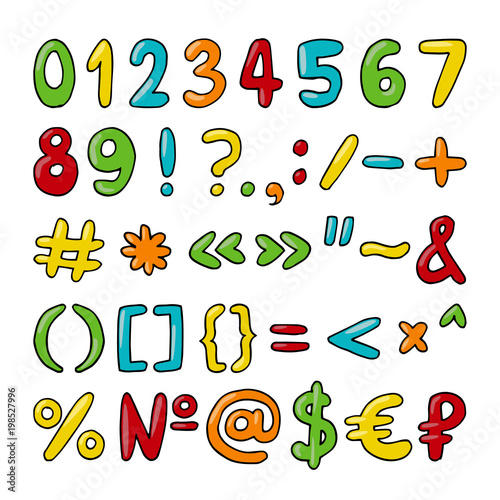 Vector hand drawn set of numbers, punctuation marks and special symbols. Colorful signs on white background