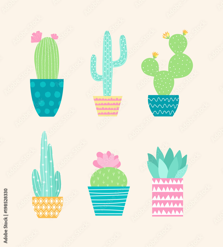 Obraz Cute cartoon cactus and succulents set. Collection of house plants in pots. Vector illustration.