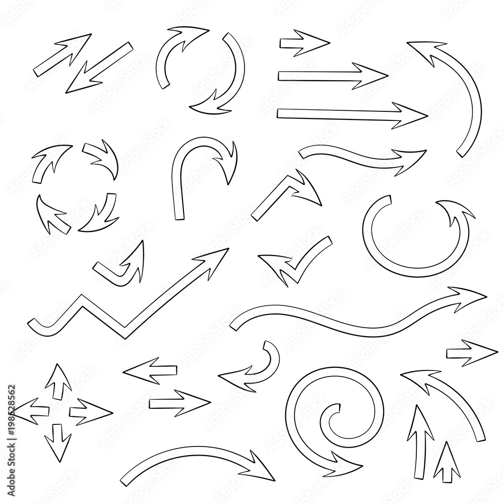 Arrows set. Set of doodle icons, outline signs