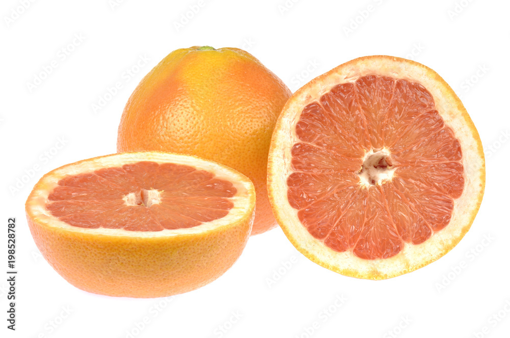 Grapefruit set. Tropical citrus fruit and round slice isolated on white background Grapefruit set. Tropical citrus fruit and round slice isolated on white background
