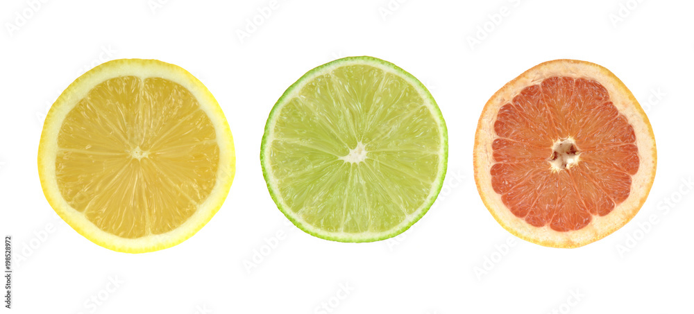 Citrus slices - lemon, lime, grapefruit. Colored set isolated on white background