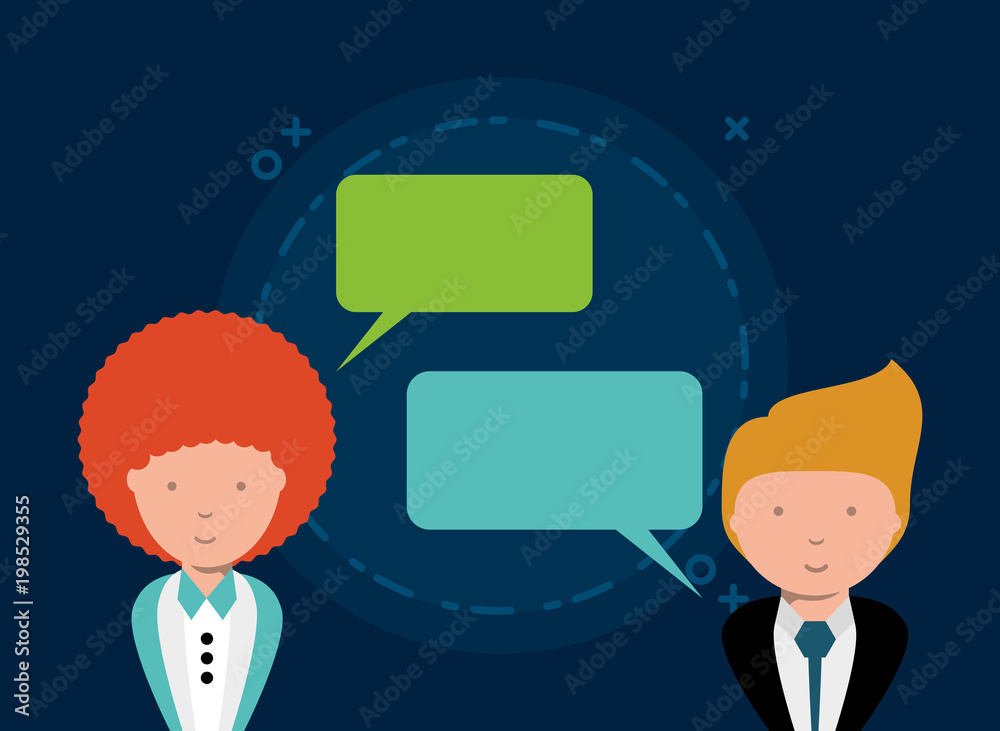 cartoon businessman and businesswoman with speech bubbles over blue background, colorful design. vector illustration cartoon businessman and businesswoman with speech bubbles over blue background, colorful design. vector illustration