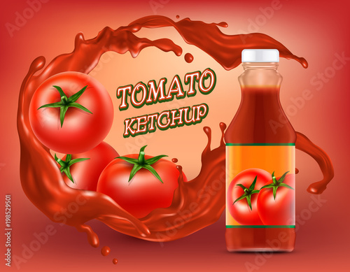 Vector 3d realistic poster of ketchup in plastic or glass bottle with splashing of shredded tomato, fresh vegetables. Banner with red liquid in jar. Hot condiment, sauce on scarlet background.