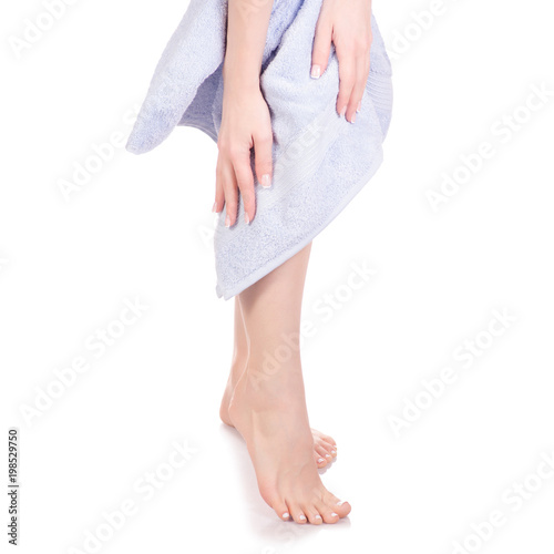 Female feet heel blue bath towel beauty spa