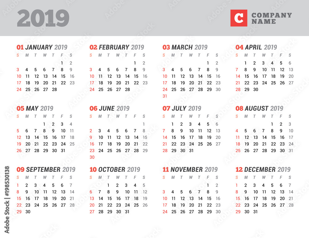 Calendar template for 2019 year. Stationery design. Week starts on Sunday. 12 Months on the page. Vector illustration Calendar template for 2019 year. Stationery design. Week starts on Sunday. 12 Months on the page. Vector illustration