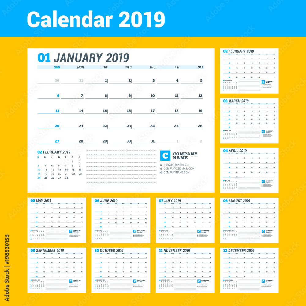 Calendar template for 2019 year. Business planner. Stationery design. Week starts on Sunday. Set of 12 months. Vector illustration Calendar template for 2019 year. Business planner. Stationery design. Week starts on Sunday. Set of 12 months. Vector illustration