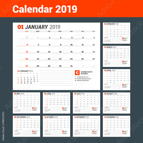 Calendar template for 2019 year. Business planner. Stationery design. Week starts on Sunday. Set of 12 months. Vector illustration